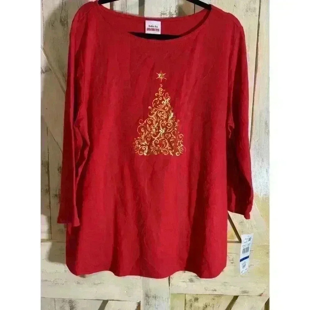 Ruby‎ Rd Favorites Top Long Sleeves Cotton Red Christmas Tree Gold